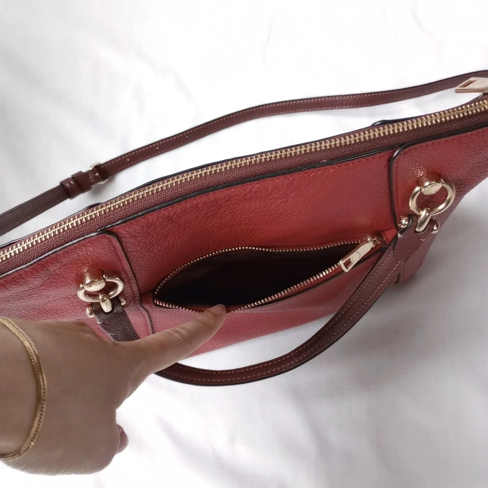 Coach Red Pebbled Leather Satchel with Dark Brown Trim and Gold Hardware